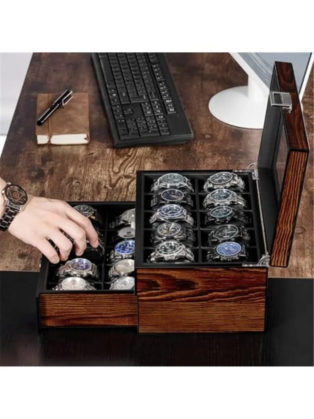 High-End Watch Box 20-Slot Wooden Watch Case with Large Glass Lid |